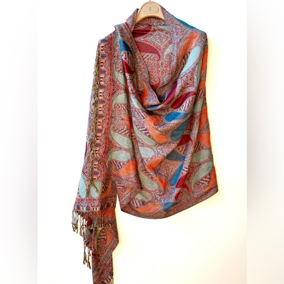EUC Pashmina Paisley Shawl, Wrap, Red Blue Orange 74”x27.5”